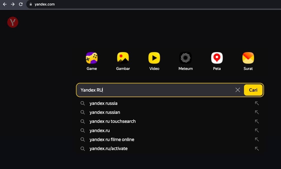 Rekam Layar Tampilan Yandex Ru