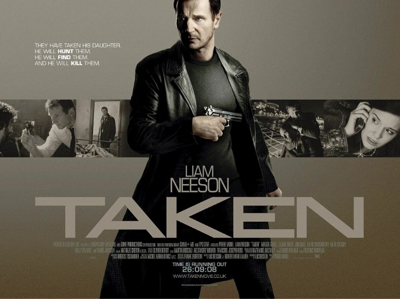 Poster film Taken (2008). Film "Taken" berkisah perjalanan seorang mantan agen CIA bernama Bryan Mills (diperankan oleh Liam Neeson) yang putrinya, Kim (diperankan oleh Maggie Grace), diculik oleh sebuah sindikat perdagangan manusia saat berlibur di Paris. Dengan keterampilan khususnya sebagai agen rahasi, Mills memulai misi pribadi untuk menyelamatkan putrinya.