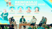 Suwarjono, CEO Arkadia Digital Media Tbk, dan Eva Danayanti, Country Programme Manager International Media Support (IMS) pada Bengkulu Media Summit (BMS) 2025, yang resmi dibuka pada Rabu, (12/11/2025). Foto: istimewa
