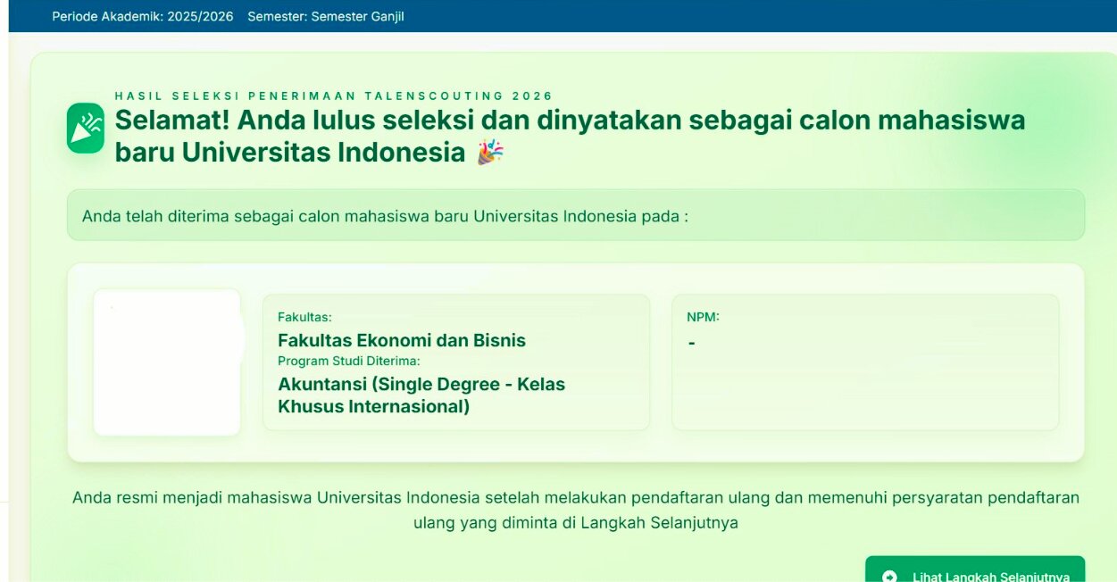 Tampilan sistem penerimaan calon mahasiswa Talent Scouting UI